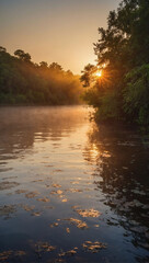 Morning Glow, Sun Rising Over the Serene River Landscape.