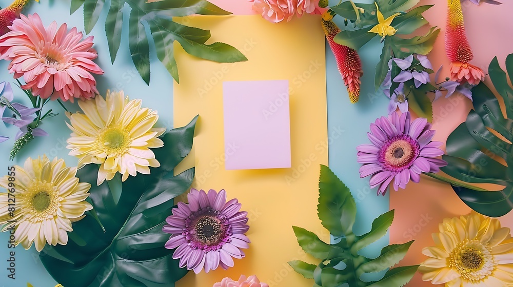Poster creative layout made of flowers and leaves with paper card note flat lay nature concept : generative