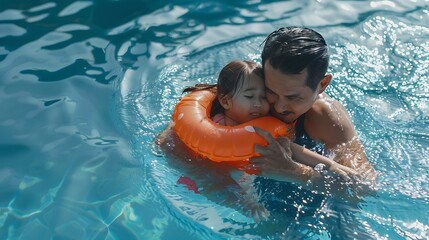 Father teaches daughter to swim A child plays with his father during the summer vacation A child in a life jacket Water safety : Generative AI