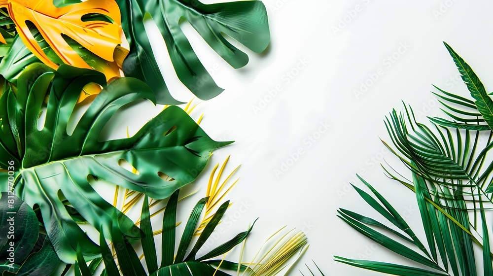 Poster creative layout made of colorful tropical leaves on white background minimal summer exotic concept w