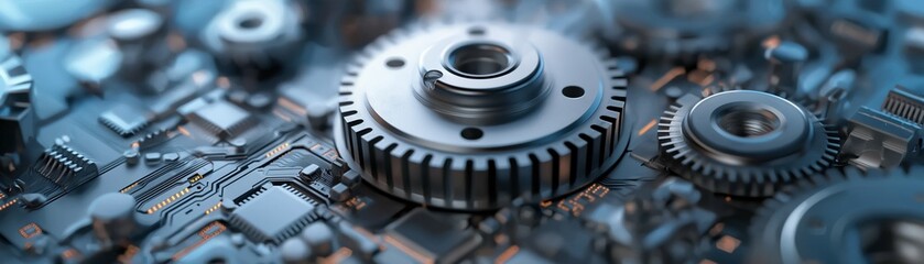 dark electronic circuit image There is a large gear placed. Represents modern technology