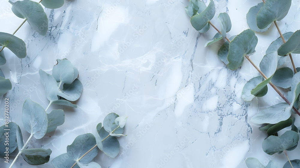 Poster Border of eucalyptus leaves on a marble background Lay flat : Generative AI