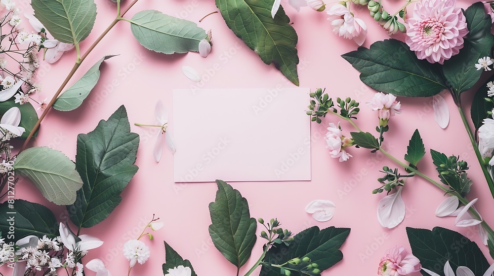 Poster creative layout made of flowers and leaves with paper card note flat lay nature concept : generative