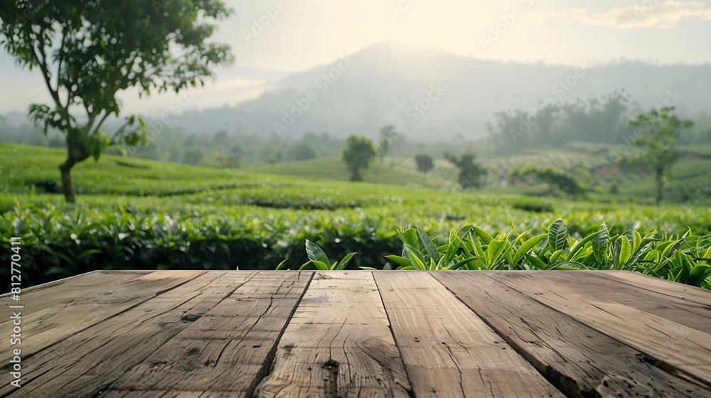 Poster wooden table top on blur green tea mountain and grass fieldfresh and relax conceptfor montage produc