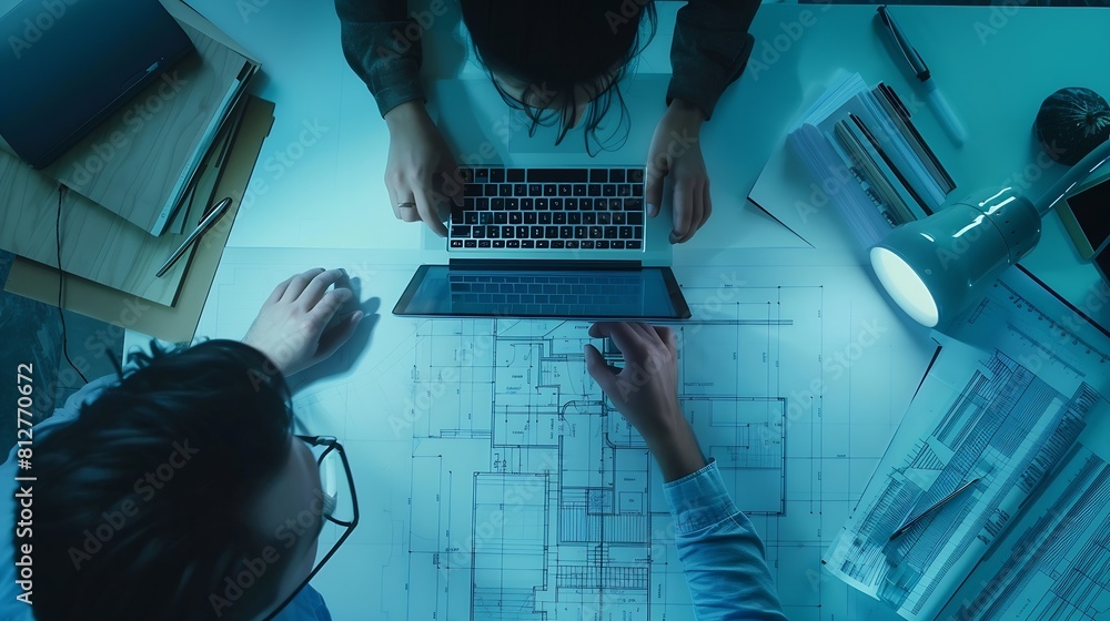Aufkleber Engineer and architect working together brainstorming and designing blueprint using laptop working with architectural software for precise digital interior or structure design Insight : Generative AI