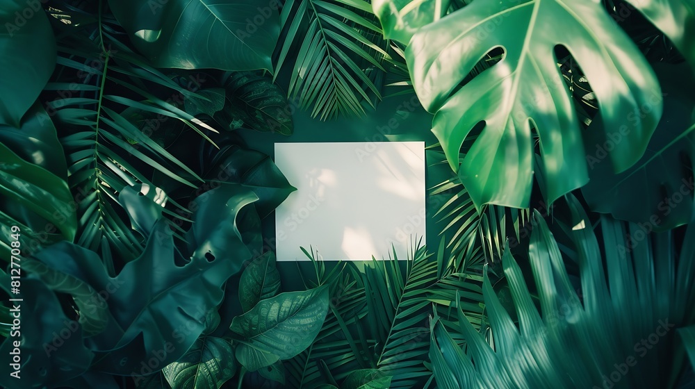 Poster square frame creative layout made of tropical leaves with paper card note flat lay nature concept su
