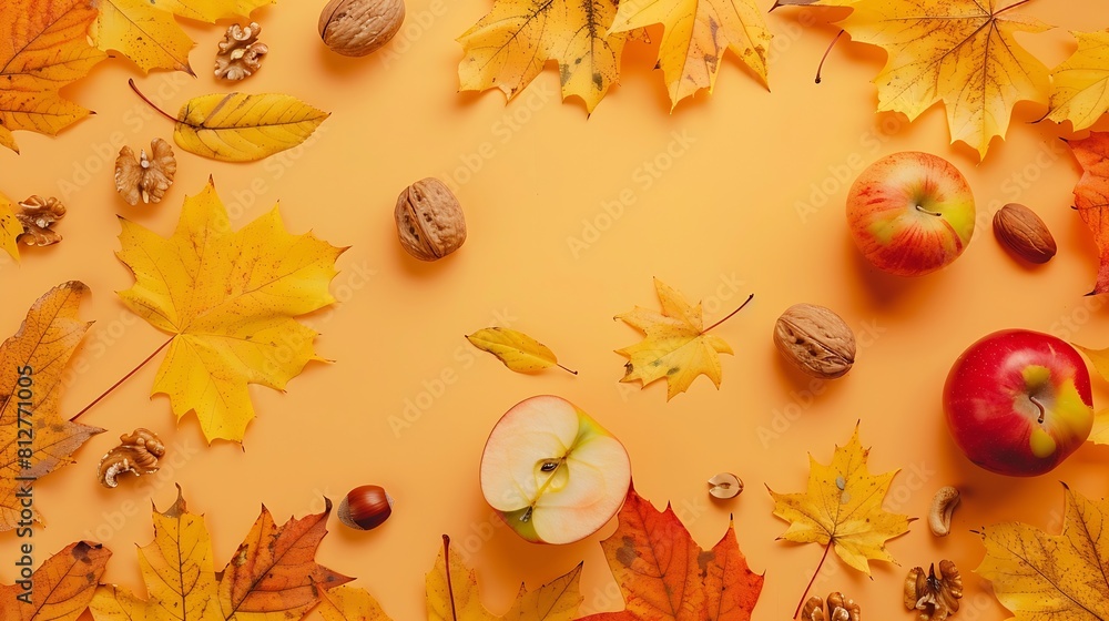 Aufkleber Autumn flat lay with bright colorful maple leaves  with apple and nuts on orange background Top view and copy  space : Generative AI