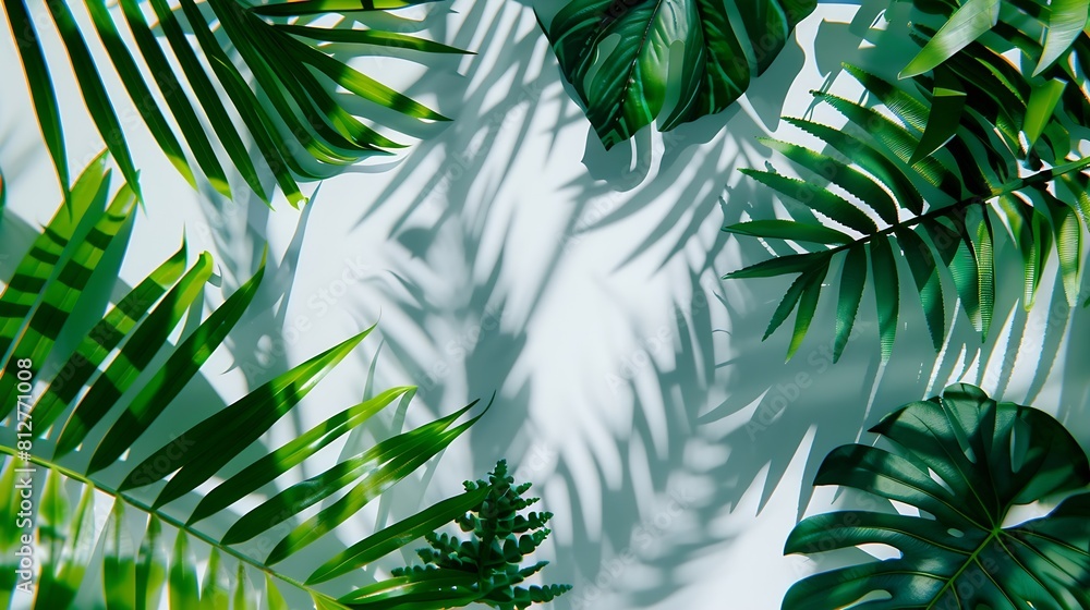 Poster Tropical leaves is placed on a white canvas with part of the leaf layout and copy space : Generative AI