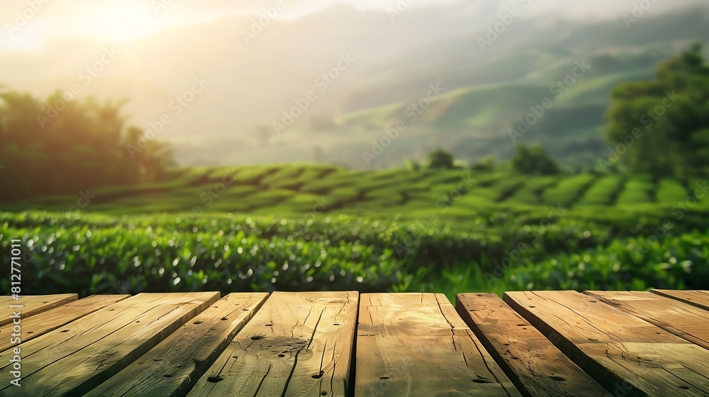 Poster wooden table top on blur green tea mountain and grass fieldfresh and relax conceptfor montage produc