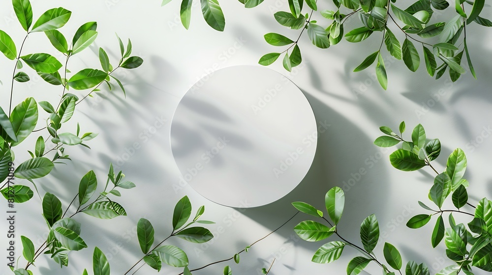 Aufkleber empty round podium and green leaves on light grey background top view pedestal and fresh natural bra