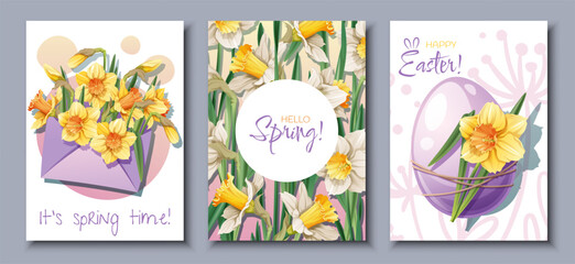 Set of greeting card templates with spring flowers for Easter. Poster, banner with daffodils in an envelope, with an Easter egg. Hello spring. Vector illustration of delicate flowers in cartoon style