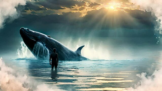 Jonah and the Whale. Illustration of a whale swimming close to the silhouette of a man in water