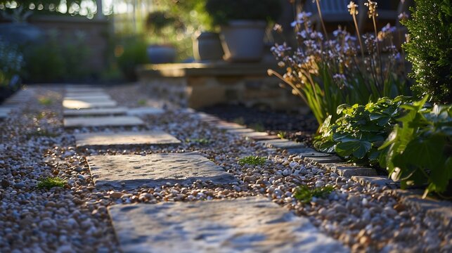 Garden patio UK Landscaped garden with gravel raised beds and York stone stepping stones and patio : Generative AI