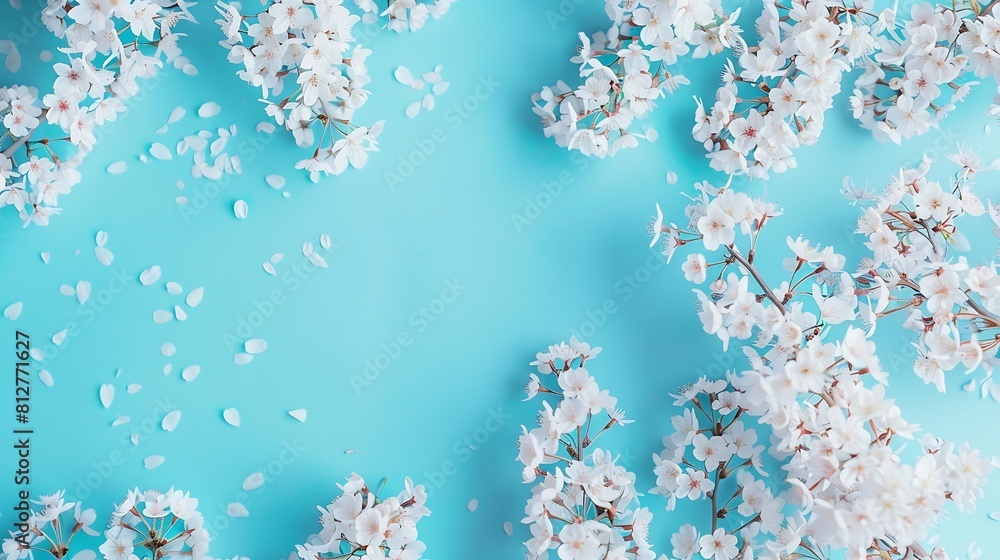 Poster beautiful turquoise blue background with spring cherry blossom branches top view flat lay frame crea
