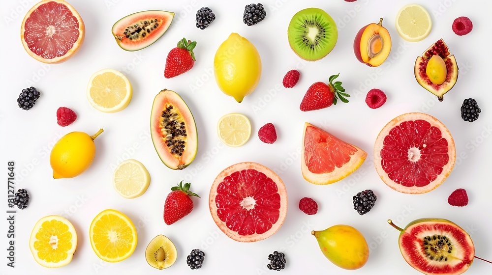 Poster creative layout made of fruits flat lay strawberry figs peach grapefruit pineapple lemon kiwi raspbe