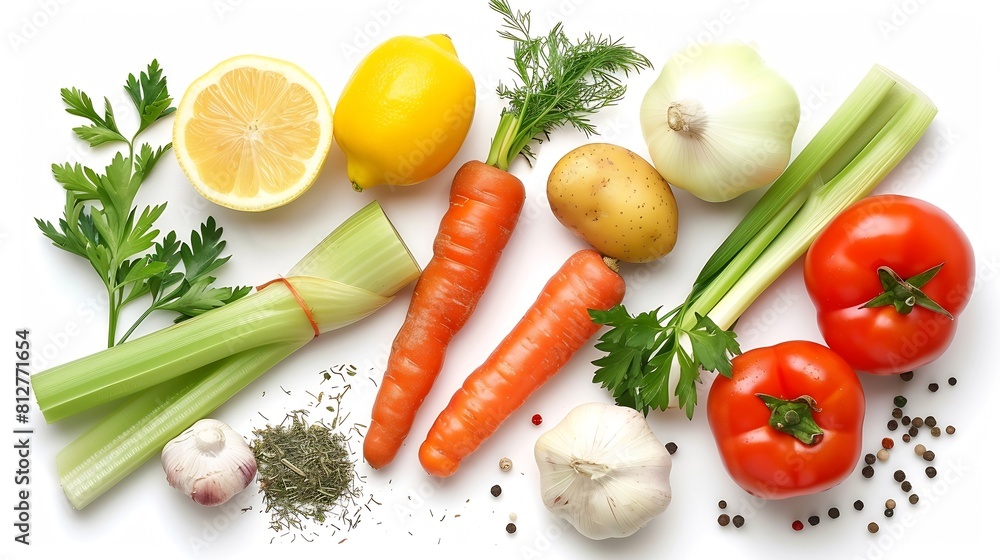 Poster fresh vegetables isolated on white background cabbage celery potato pepper onion carrot garlic lemon