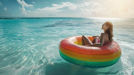 Woman on lilo in the sea water Girl relaxing on inflatable ring on the beach Summer vacations idyllic scene : Generative AI