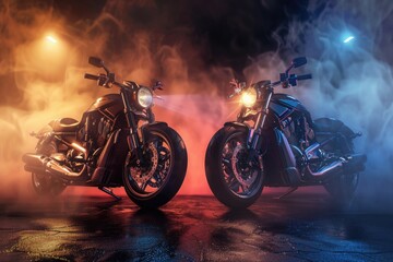 A couple of motorcycles parked next to each other. Suitable for motorcycle enthusiasts or transportation themes