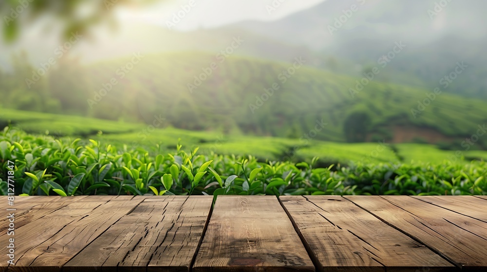 Poster wooden table top on blur green tea mountain and grass fieldfresh and relax conceptfor montage produc