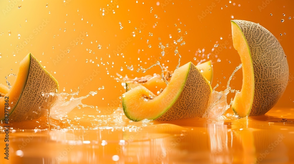 Poster creative layout made from whole and slice of orange japanese melons or cantaloupe melon and water sp
