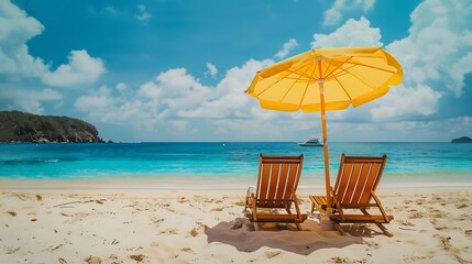 Beautiful beach Chairs on the sandy beach near the sea Summer holiday and vacation concept for tourism Inspirational tropical landscape Tranquil scenery relaxing beach tropical landsca : Generative AI