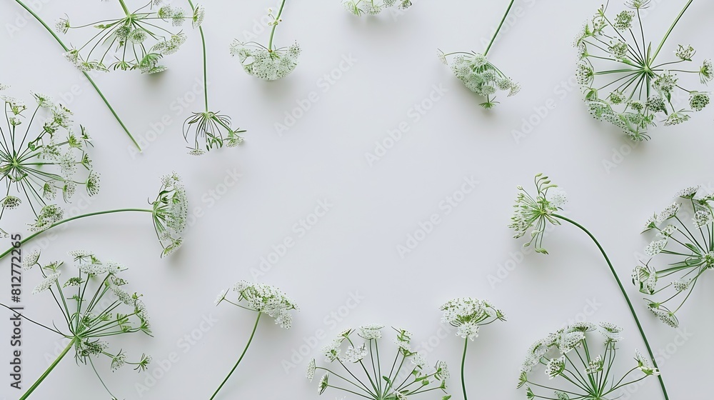 Poster flowering umbrella flowers of dill on a white background top view flat lay creative layout : generat