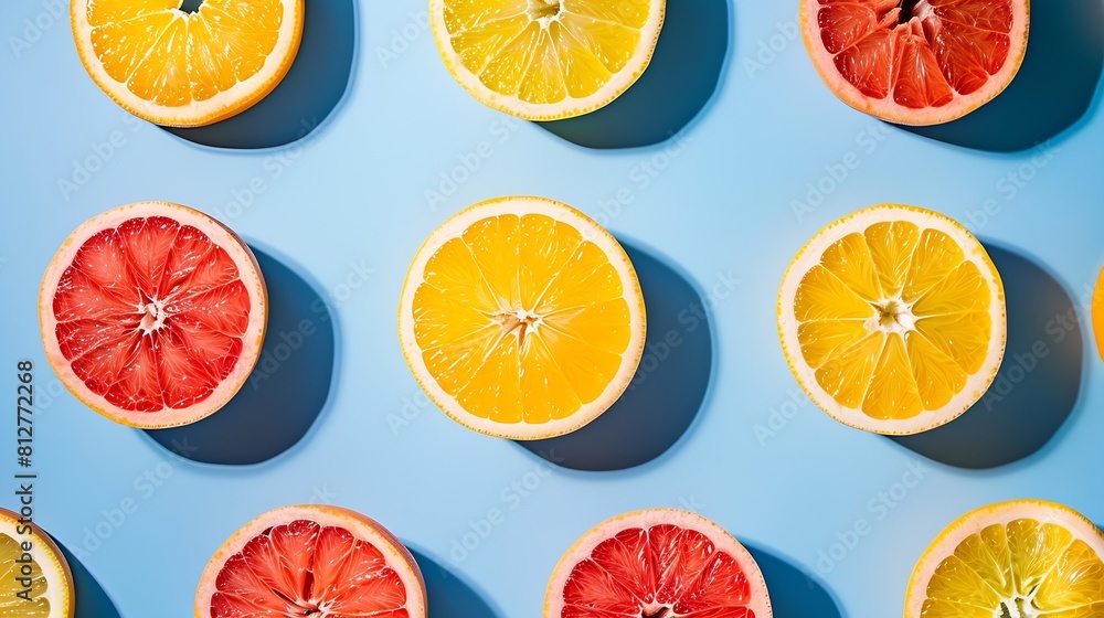 Poster Colorful fruit pattern of fresh orange and grapefruit slices on blue background From top view : Generative AI