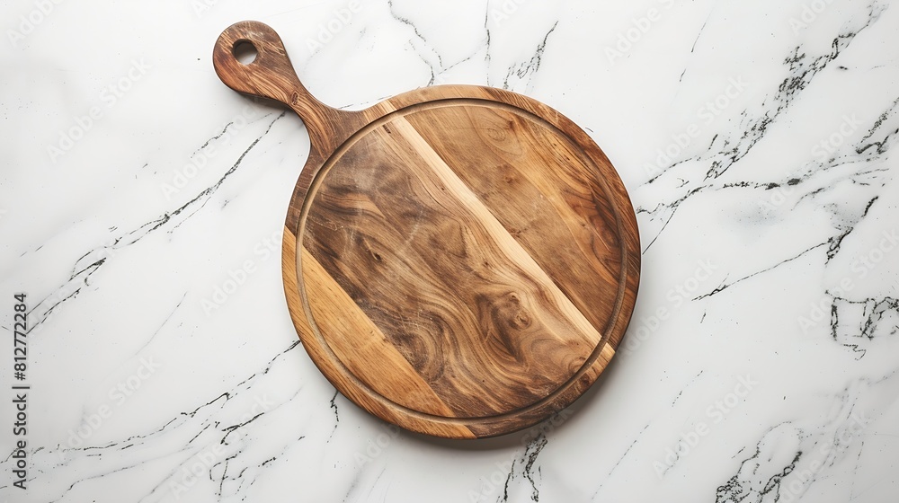 Poster round empty wooden charcuterie serving board with handle on a white or gray marble table top view ki