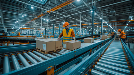 Naklejka premium Worker in Safety Gear Handling Boxes at Modern Industrial Warehouse