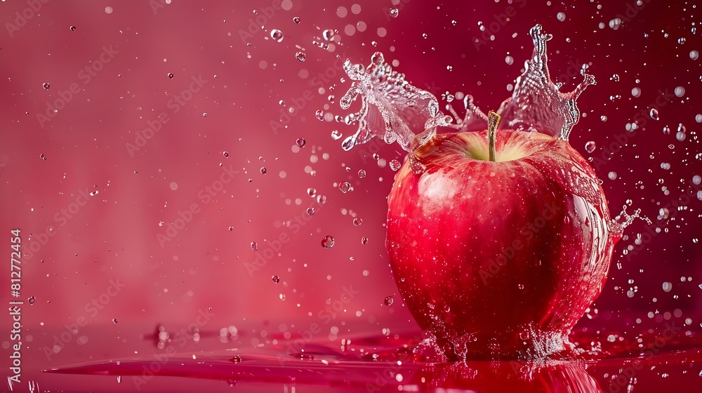 Poster creative layout made from fresh red apple fruit and water splashing on a red background : generative