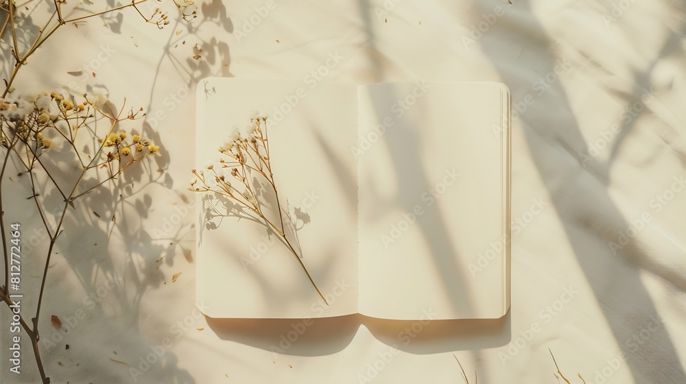 Aufkleber open notepad blank sheets and floral sunlight shadows on a neutral beige linen background mock up wi