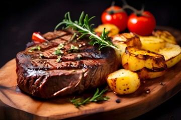 Grilled beef steak with baked potatoes and tomatoes on a wooden board