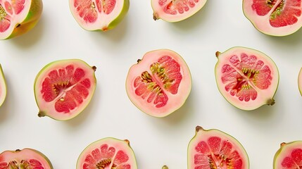Creative layout made of guava on the white background Flat lay Food concept Macro concept : Generative AI
