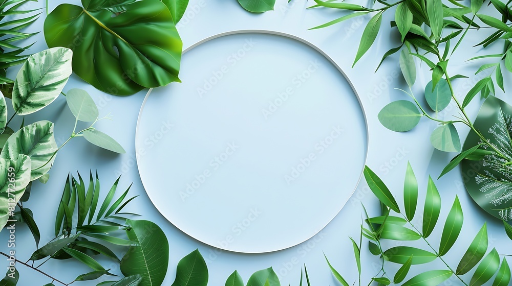 Poster creative layout of green leaves various wild plants on blue and white empty round frame copy space s