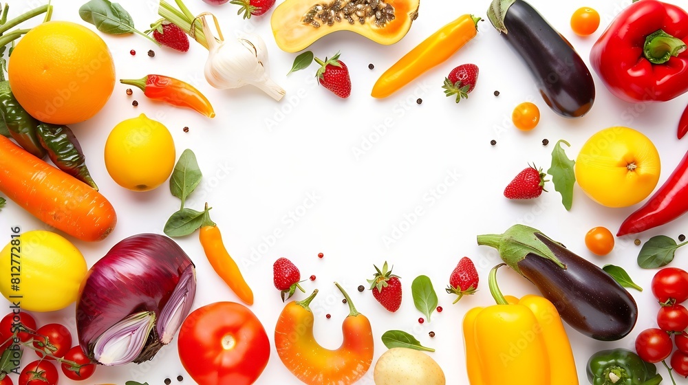 Poster frame from various vegetables and fruits isolated on white background top view creative flat layout 