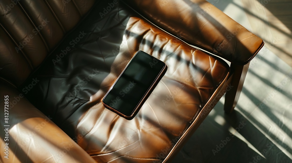 Poster flatlay mobile phone on leather bench or chair with elegant soft sunlight shadows flat lay top view 