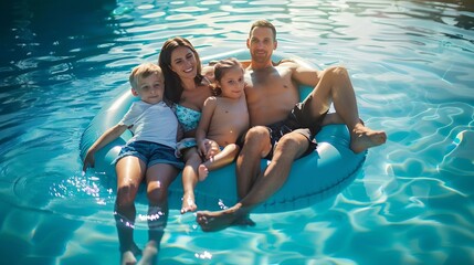 Portrait Of Family On Airbed In Swimming Pool : Generative AI