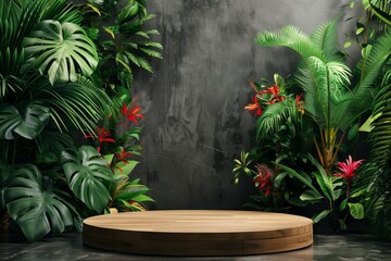 Chic Tropical Forest Scene with Wooden Podium for Product Showcasing, Set in a Charcoal Grey Art Gallery, Perfectly Illuminated