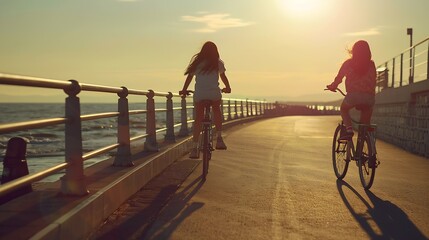Female friends enjoying cycling on a summer day Two young female friends riding their bicycles on the seaside promenade : Generative AI