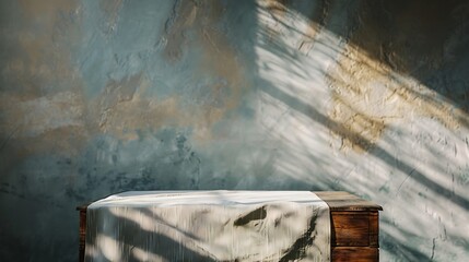 Empty podium on wooden table with tablecloth over rustic wall  background Kitchen interior mock up for design and product display : Generative AI
