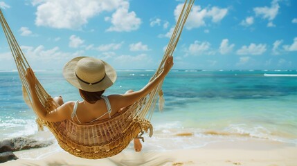 Young woman relaxing in wicker hammock on the sandy beach on Mauritius coast and enjoying wide ocean view waves Exotic countries vacation and mental health concept image : Generative AI