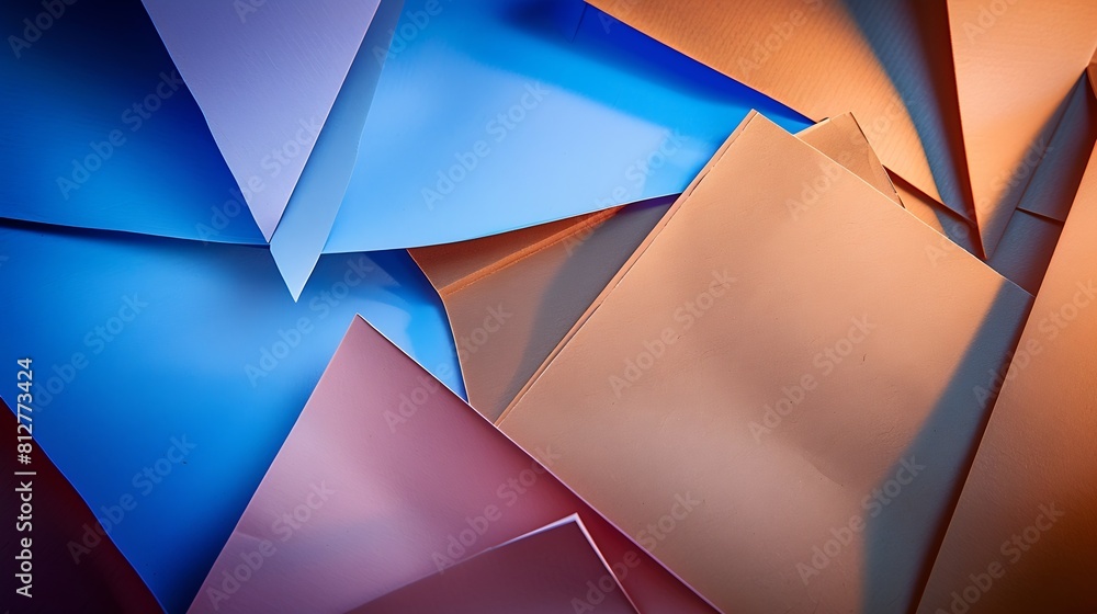 Poster from above layout of colorful cardboard sheets in brown grey and blue shades : generative ai