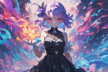 a cute anime girl with purple hair and pink eyes, she is wearing an elegant black dress with white gloves holding a magical flower that has glowing petals in her hand. 