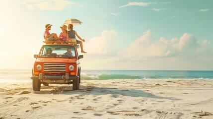 Holiday and travel family concept Summer vacationsHappy family enjoying beach trip with their...