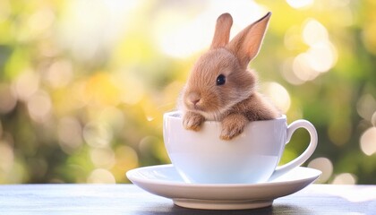cute little bunny sitting in teacup rabbit in a cup on light blurred background spring mourning happy easter concept for greeting card banner poster