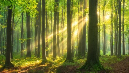 panorama of natural beech forest with sunbeams through morning fog