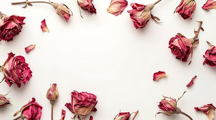 Flowers composition Frame made of dried rose flowers on white background Flat lay top view copy space : Generative AI