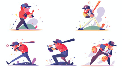 Baseball game scenes collection flat cartoon vector
