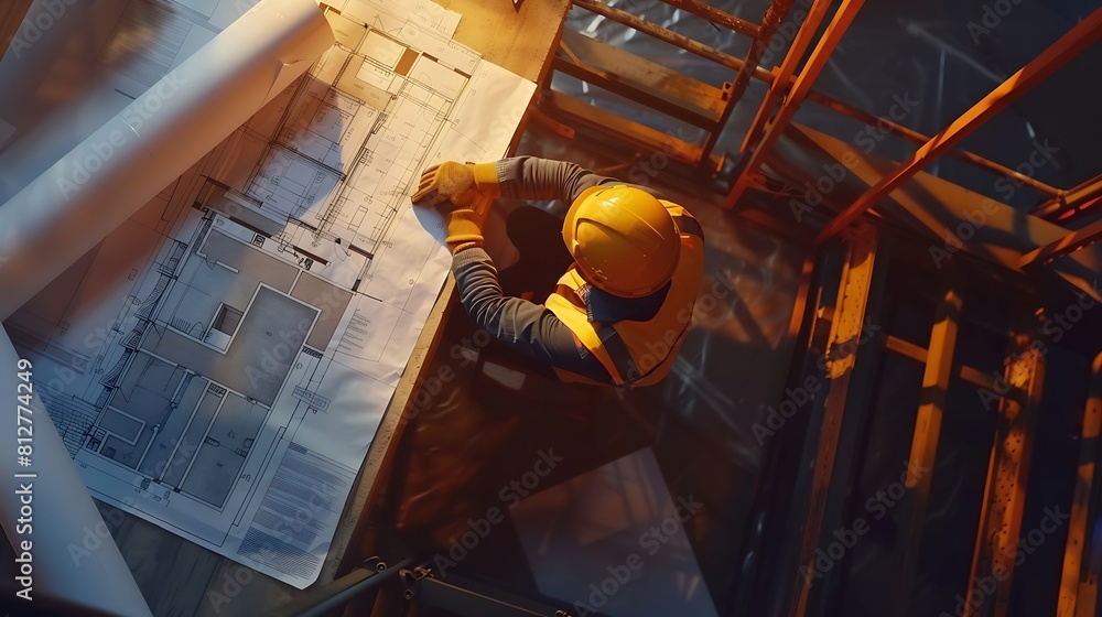 Poster Top view of architectural engineer working on his blueprints with documents on construction site meeting discussingdesigning planing Road traffic an important infrastructure : Generative AI