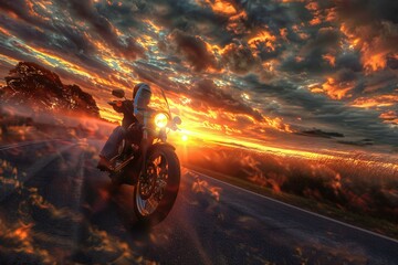Motorcycle driver riding down road with sun rising behind him